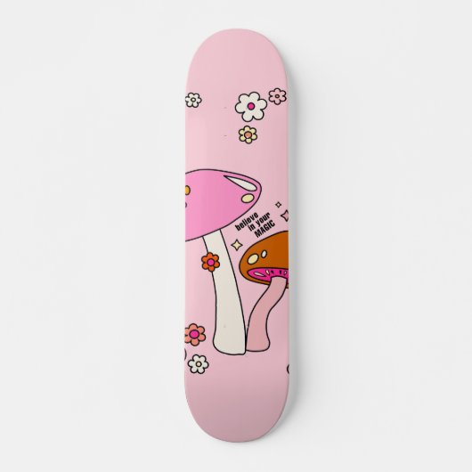 Retro-kleurige paddenstoelen en bloemen roze skateboard (Voorkant)