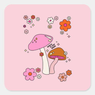 Retro-kleurige paddenstoelen en bloemen roze vierkante sticker