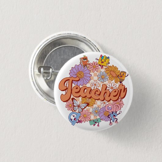 Retro kleurrijke bloem leraar knop ronde button 3,2 cm (Voorkant /achterkant)