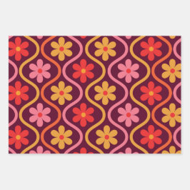 Retro Kleurrijke Bloemen op  Ogee Pattern Inpakpapier Vel