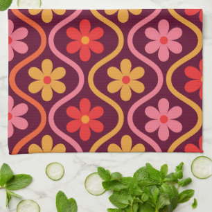Retro Kleurrijke Bloemen op Ogee Pattern Theedoek