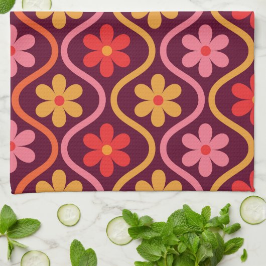 Retro Kleurrijke Bloemen op Ogee Pattern Theedoek (Gevouwen)