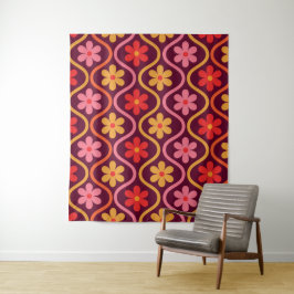 Retro Kleurrijke Bloemen op  Ogee Pattern Wandkleed