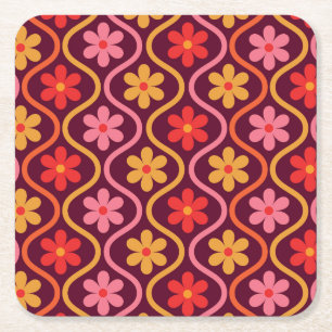 Retro Kleurrijke Bloemen op Vintage Ogee Patroon Vierkante Kartonnen Onderzetter