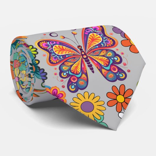 Retro kleurrijke bloemen patroon. L Grey BG Stropdas (Opgerold)