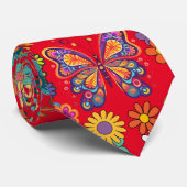 Retro kleurrijke bloemen patroon. Rood BG Stropdas (Opgerold)