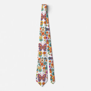 Retro kleurrijke bloemen patroon. Wit BG Stropdas
