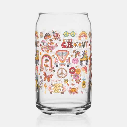Retro kleurrijke boho bloemen groovy bloemenontwer blikvorm glas (Links)
