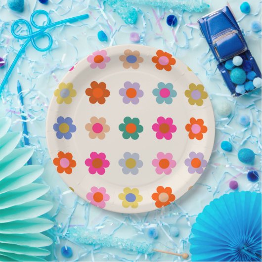 Retro Kleurrijke Floral Preppy Abstract Flowers Papieren Bordje (Feest)