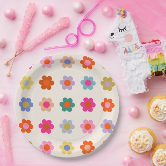Retro Kleurrijke Floral Preppy Abstract Flowers Papieren Bordje (Feest)