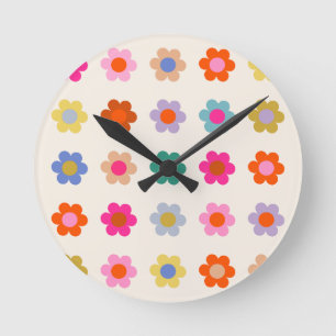 Retro Kleurrijke Floral Preppy Abstract Flowers Ronde Klok