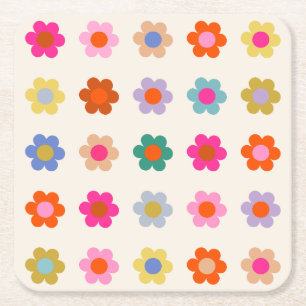 Retro Kleurrijke Floral Preppy Abstract Flowers Vierkante Kartonnen Onderzetter