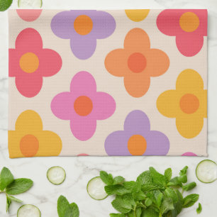 Retro Kleurrijke Hippie Mod Bloemen Patroon  Theedoek