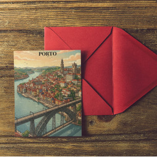 Retro Kleurrijke Porto Portugal Reisillustratie Briefkaart