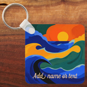 Retro Kleurrijke Surf Golf & Zonsondergang Custom Sleutelhanger