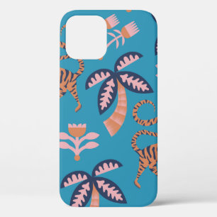 retro-kleurtijger, palmboom, bloemnaadloos iPhone 12 hoesje