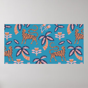 retro-kleurtijger, palmboom, bloemnaadloos poster