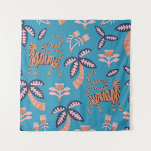retro-kleurtijger, palmboom, bloemnaadloos wandkleed