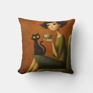 Retro Knus Ochtend Zwarte Kat Esthetiek Kussen