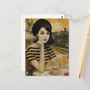 Retro koffie bij het treinstation Vrouw Collage Briefkaart