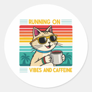 Retro koffie kat vibes - grappige cafeïne liefhebb ronde sticker