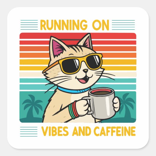 Retro koffie kat vibes - grappige cafeïne liefhebb vierkante sticker (Voorkant)