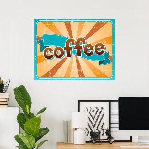 Retro Koffie Typografie Teal Bruin Zonneburst Poster