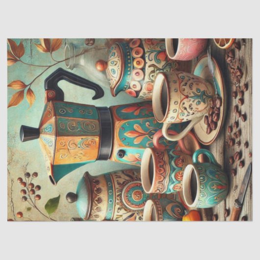 Retro koffiepot en kopjes tissuepapier (Voorkant)