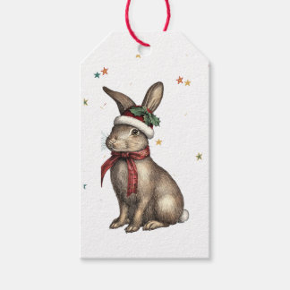 RETRO KONIJN MET KERSTMUTS KAARTJE CADEAULABEL