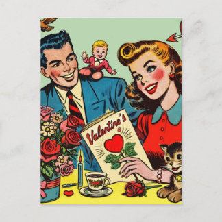 Retro koppel houdt van Valentijnse strips Briefkaart