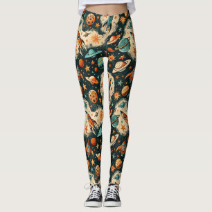 Retro Kosmische Raket Strip Teal Goud Steruitbarst Leggings