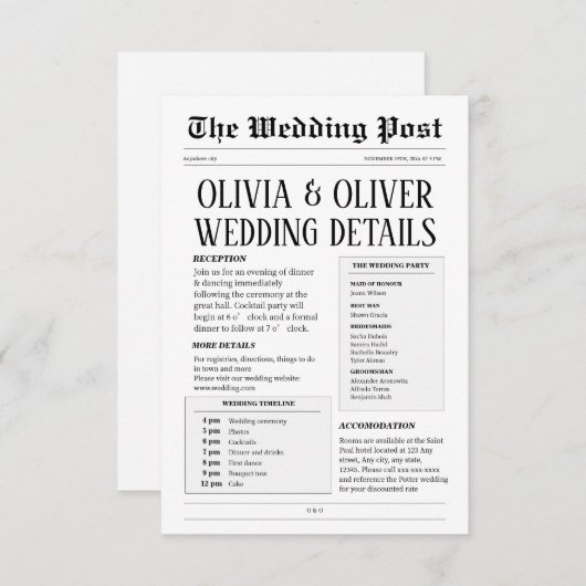 Retro krant bruiloft details informatiekaartje (Voorkant / Achterkant)