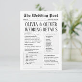 Retro krant bruiloft details informatiekaartje (Staand voorkant)