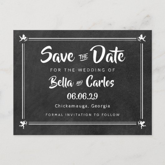 Retro Krijtbord Cupido's Save the Date Briefkaart (Voorkant)