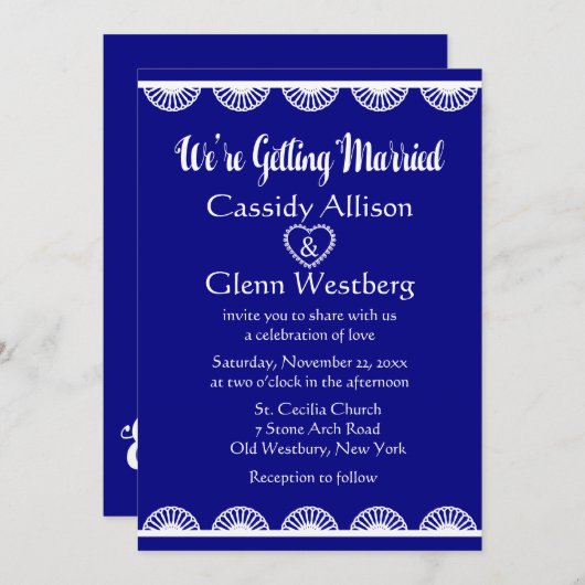 Retro Lace Royal Blauw & Wit Huwelijk Kaart (Voorkant / Achterkant)