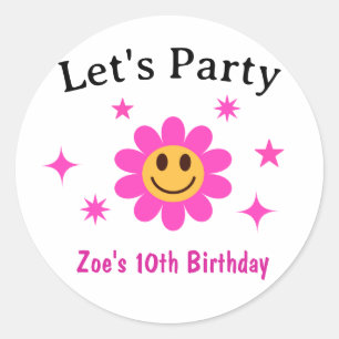 Retro Lachende Roze Bloem Meisje Verjaardag Ronde Sticker