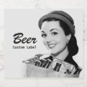Retro Lachende Vrouw 1950's Holding Bag of Beer Bier Etiket (Enkel label)