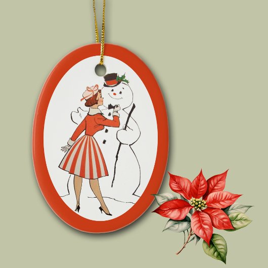 Retro Lady en Snowman Ceramic Ornament