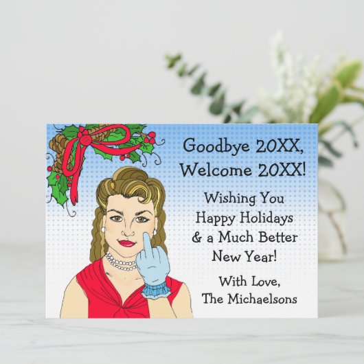 Retro Lady Flipping the Bird Kerstmis Kaart (Staand voorkant)