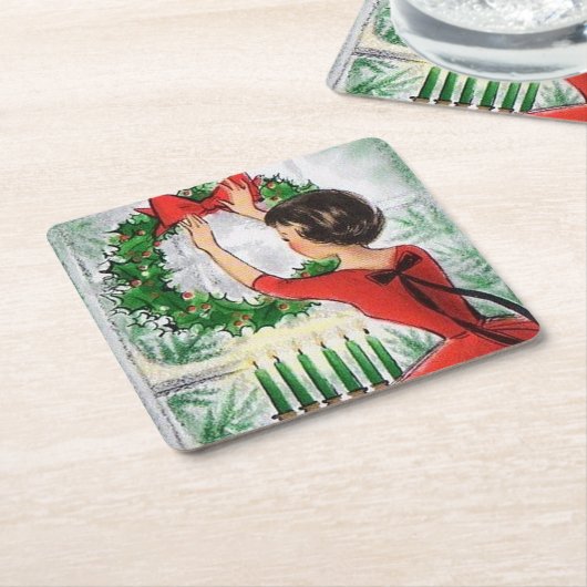 Retro lady kerstparty onderzetter (Schuin)