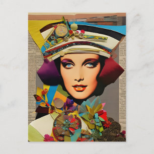 Retro Lady Kleurrijke Mixed Media Collage Abstract Briefkaart