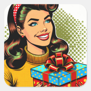 Retro Lady met een Cadeau Vierkante Sticker