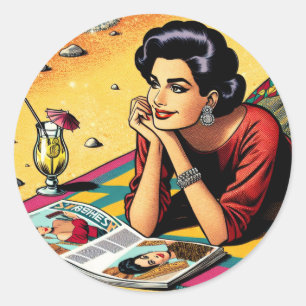 Retro Lady op Beach Dagdromen over Mode Ronde Sticker