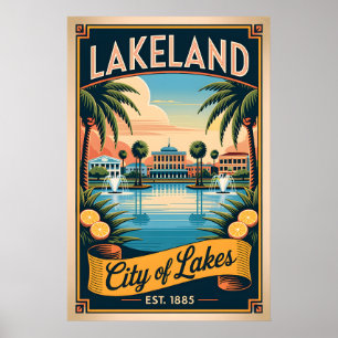 Retro Lakeland Florida Stad van Meren Vintage Poster
