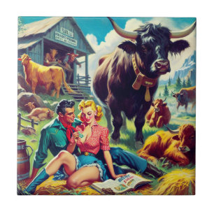 Retro landelijk paar illustratie tegeltje