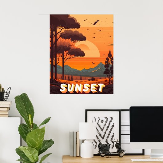 Retro Landschap Reizen Zonsondergang Art Print (Thuiskantoor)