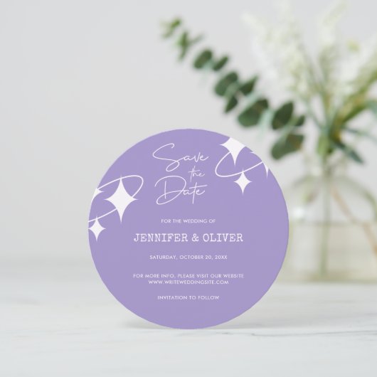 Retro Lavendel Disco Ball Bruiloft Save the Date Kaart (Staand voorkant)