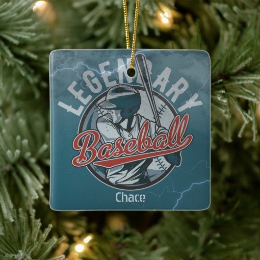 Retro Legendary Baseball Blue Holiday Keramisch Ornament (Boom)