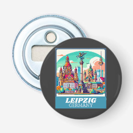 Retro Leipzig Skyline Button Flesopener
