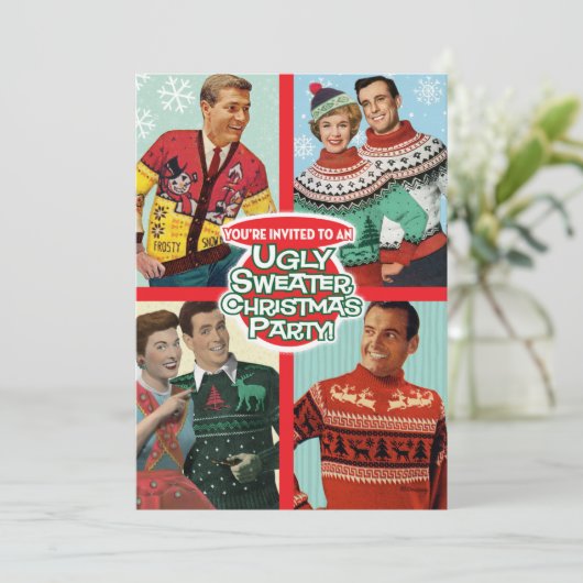 Retro Lelijke trui Kerstfeest uitnodigingen (Staand voorkant)